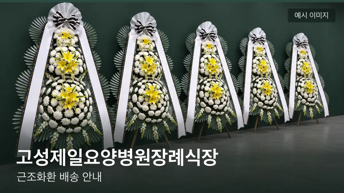 고성제일요양병원장례식장 근조화환 예시 이미지 — 흰 국화 3단 근조화환이 벽을 따라 나란히 놓인 모습