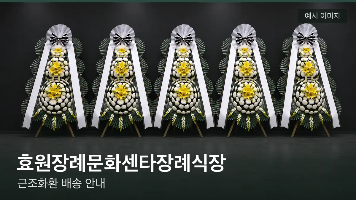 효원장례문화센타장례식장 근조화환 예시 이미지 — 흰 국화 3단 근조화환이 벽을 따라 나란히 놓인 모습