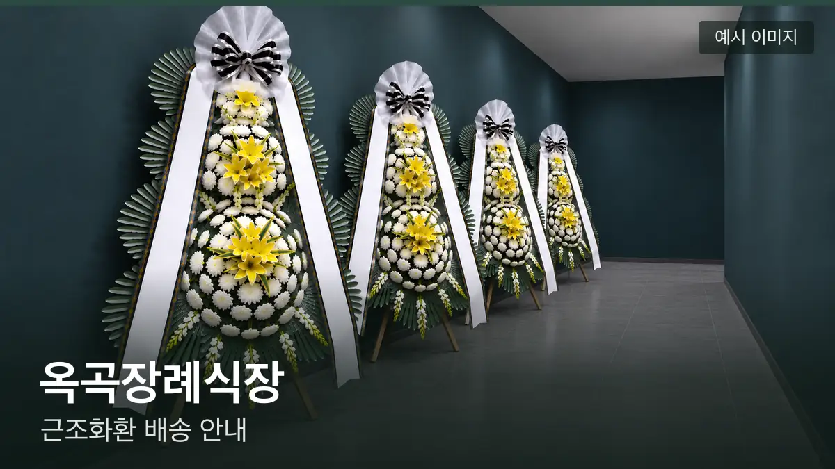 옥곡장례식장 근조화환 예시 이미지 — 흰 국화 3단 근조화환이 벽을 따라 나란히 놓인 모습