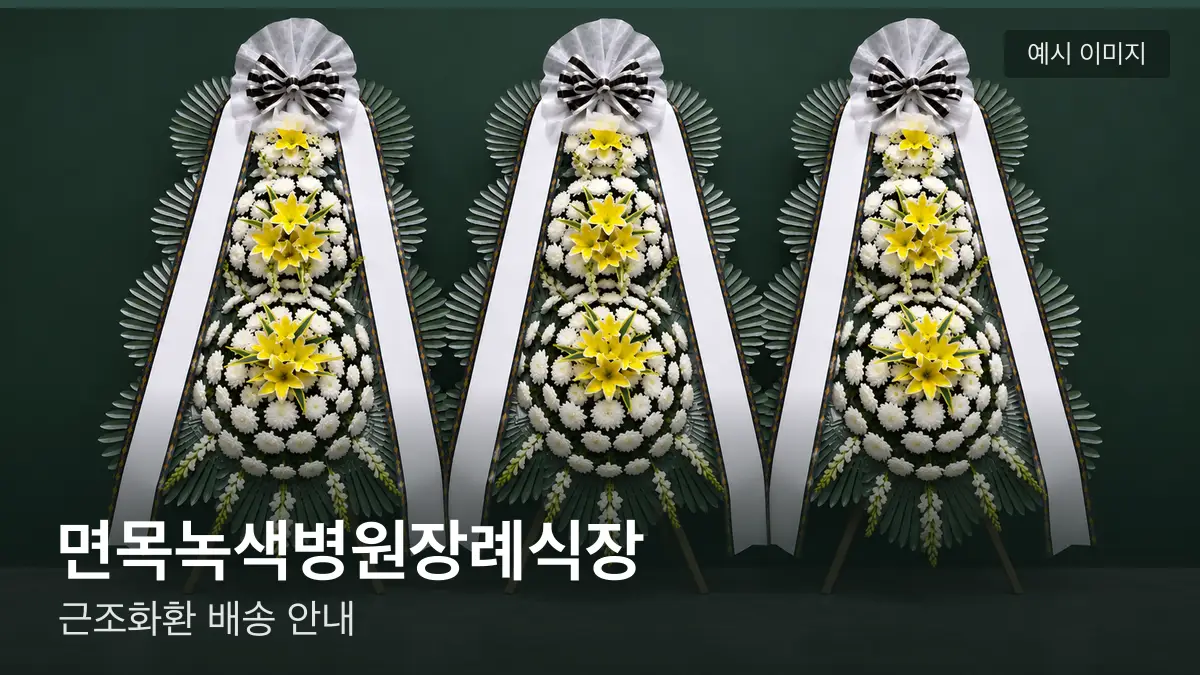 면목녹색병원장례식장 근조화환 예시 이미지 — 흰 국화 3단 근조화환이 벽을 따라 나란히 놓인 모습