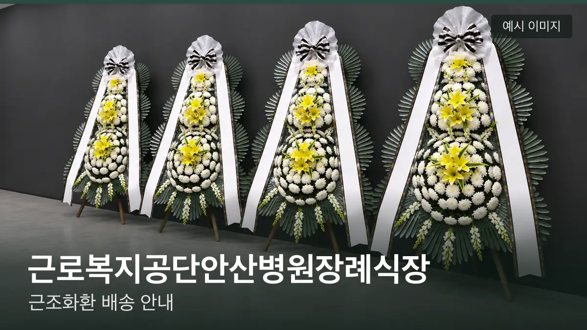 근로복지공단안산병원장례식장 근조화환 예시 이미지 — 흰 국화 3단 근조화환이 벽을 따라 나란히 놓인 모습