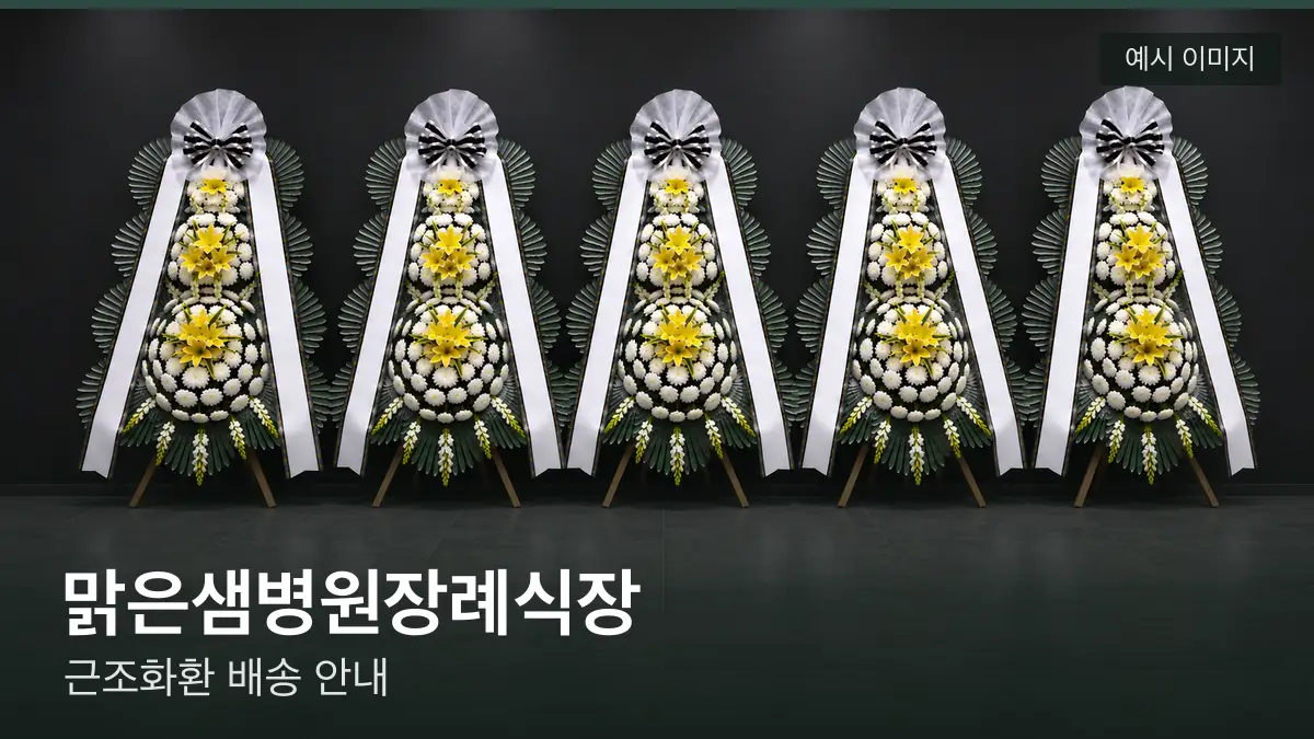 맑은샘병원장례식장 근조화환 예시 이미지 — 흰 국화 3단 근조화환이 벽을 따라 나란히 놓인 모습