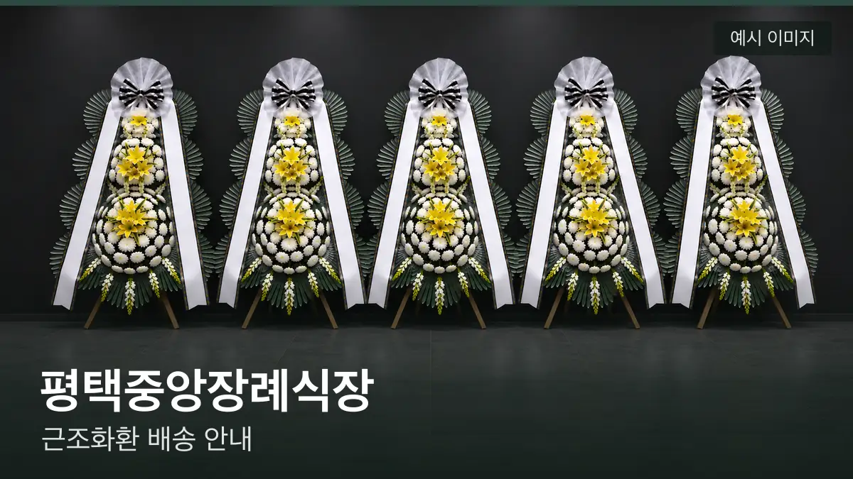 평택중앙장례식장 근조화환 예시 이미지 — 흰 국화 3단 근조화환이 벽을 따라 나란히 놓인 모습