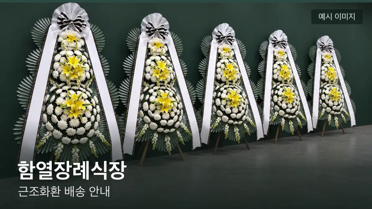 함열장례식장 근조화환 예시 이미지 — 흰 국화 3단 근조화환이 벽을 따라 나란히 놓인 모습