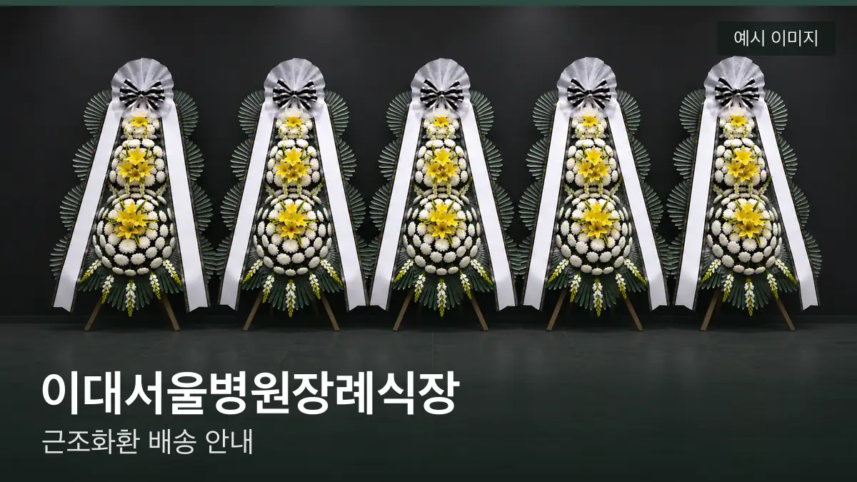 이대서울병원장례식장 근조화환 예시 이미지 — 흰 국화 3단 근조화환이 벽을 따라 나란히 놓인 모습