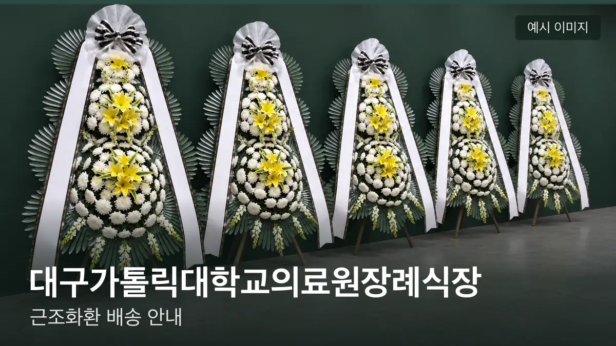 대구가톨릭대학교의료원장례식장 근조화환 예시 이미지 — 흰 국화 3단 근조화환이 벽을 따라 나란히 놓인 모습