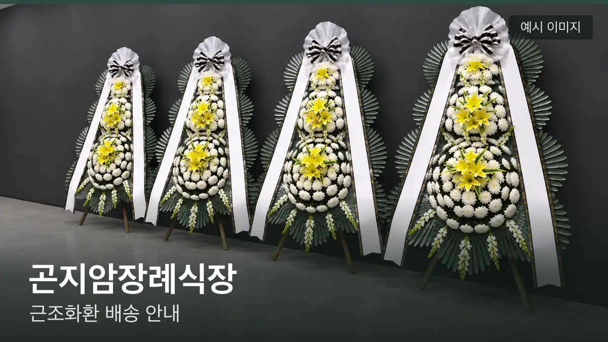곤지암장례식장 근조화환 예시 이미지 — 흰 국화 3단 근조화환이 벽을 따라 나란히 놓인 모습