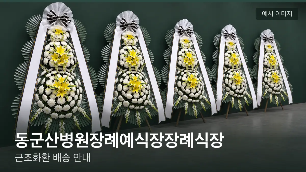 동군산병원장례예식장장례식장 근조화환 예시 이미지 — 흰 국화 3단 근조화환이 벽을 따라 나란히 놓인 모습
