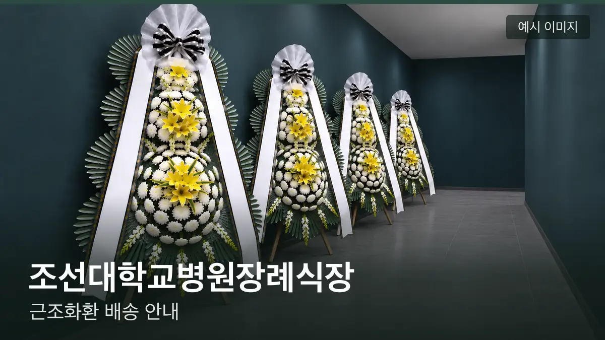 조선대학교병원장례식장 근조화환 예시 이미지 — 흰 국화 3단 근조화환이 벽을 따라 나란히 놓인 모습