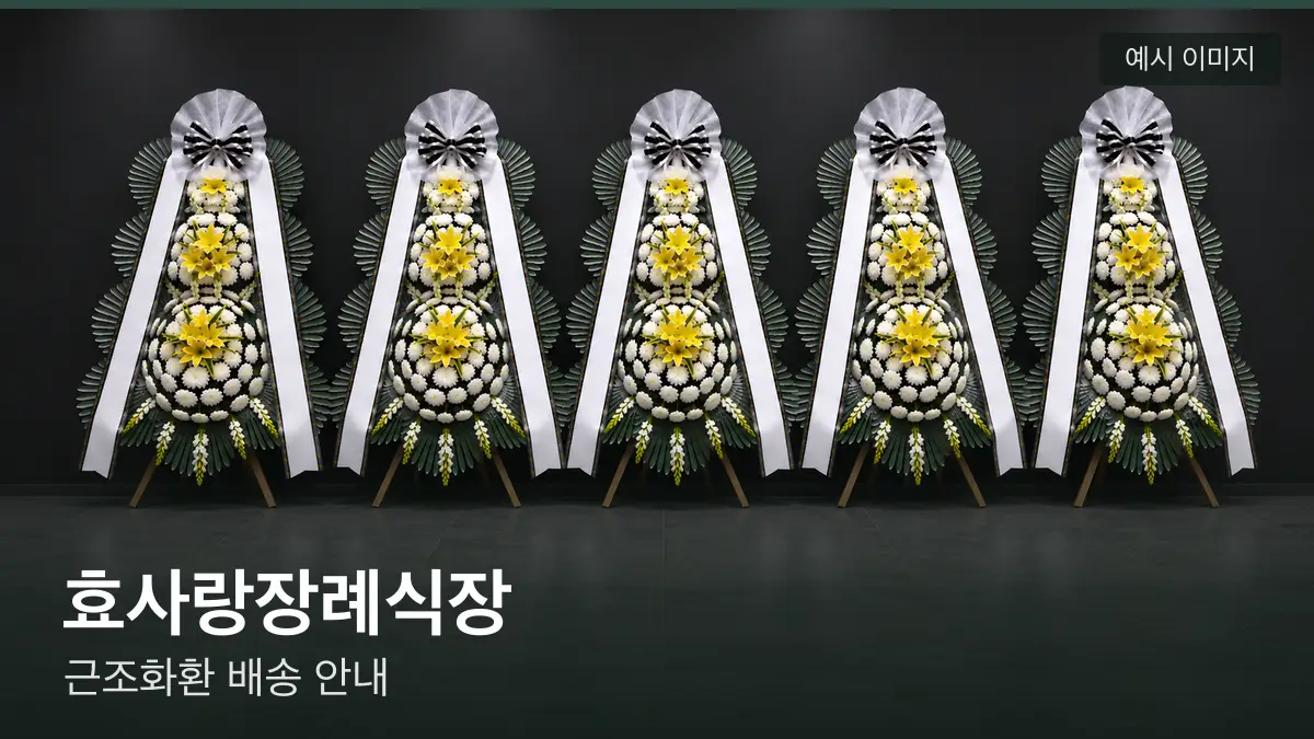효사랑장례식장 근조화환 예시 이미지 — 흰 국화 3단 근조화환이 벽을 따라 나란히 놓인 모습