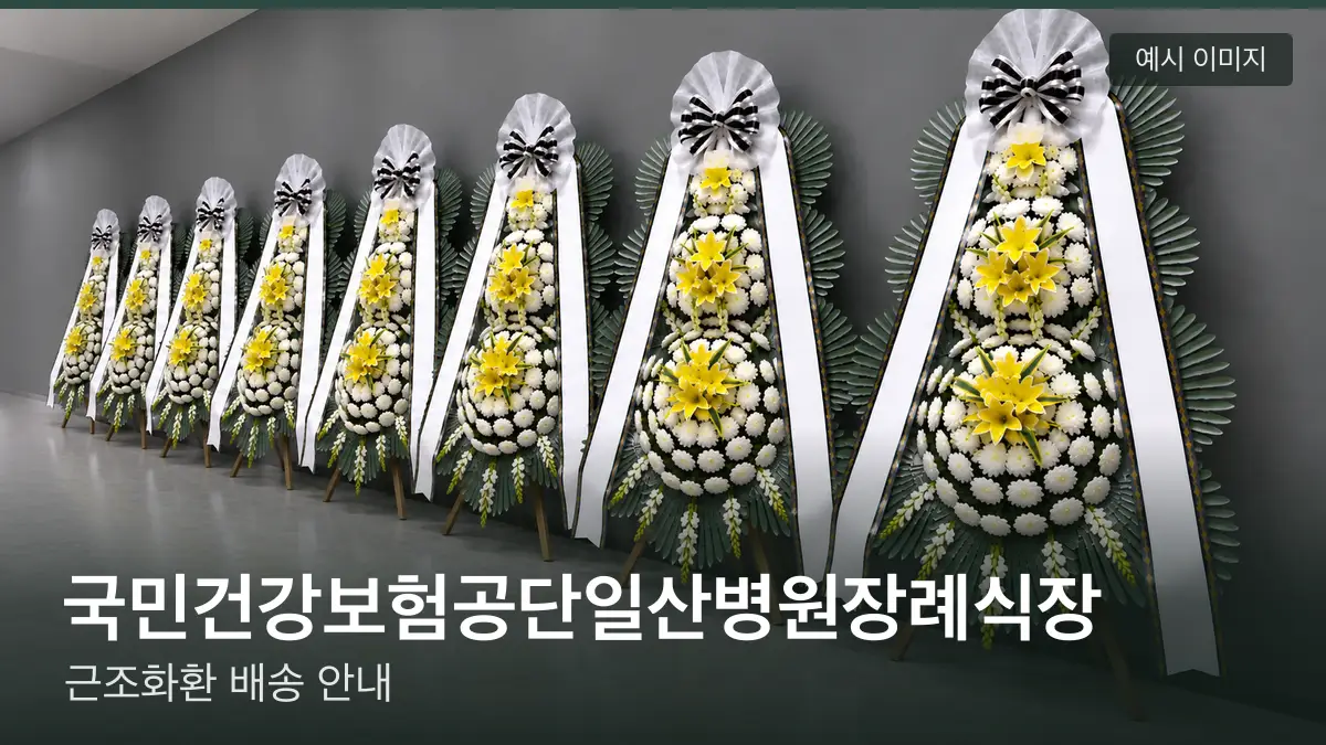 국민건강보험공단일산병원장례식장 근조화환 예시 이미지 — 흰 국화 3단 근조화환이 벽을 따라 나란히 놓인 모습