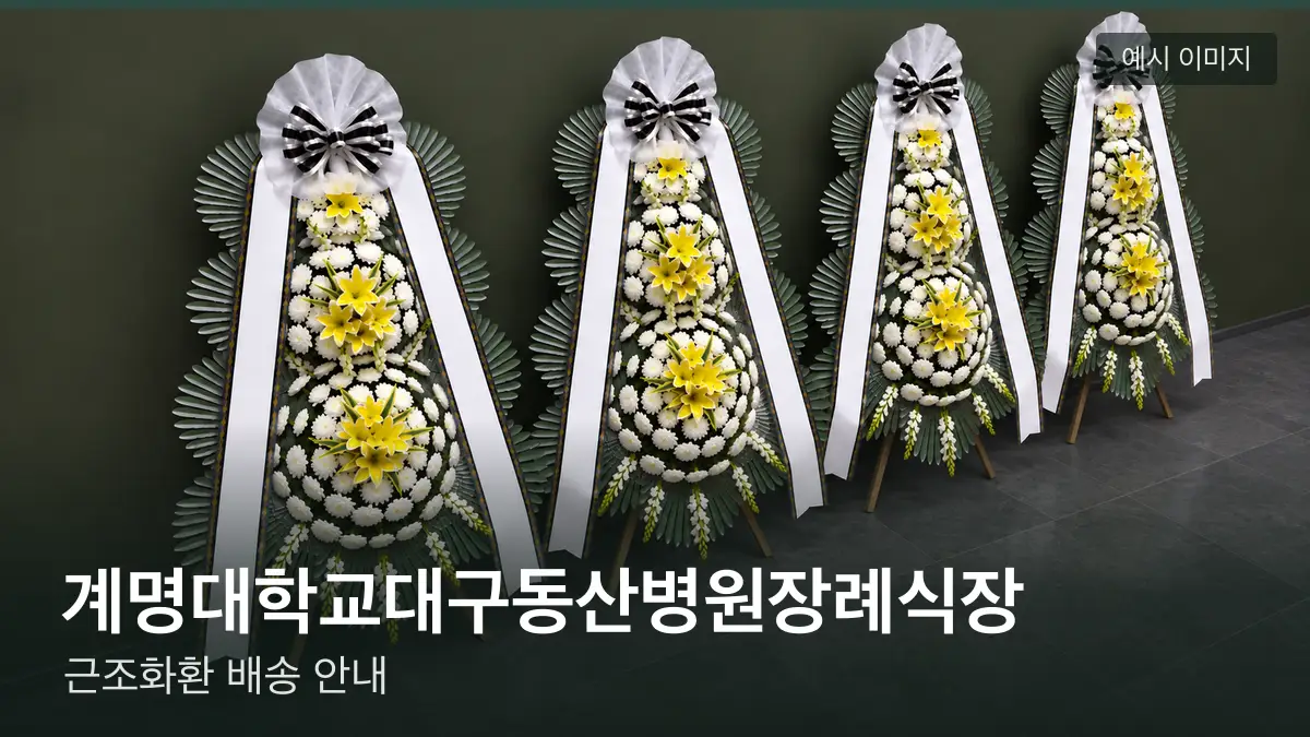 계명대학교대구동산병원장례식장 근조화환 예시 이미지 — 흰 국화 3단 근조화환이 벽을 따라 나란히 놓인 모습