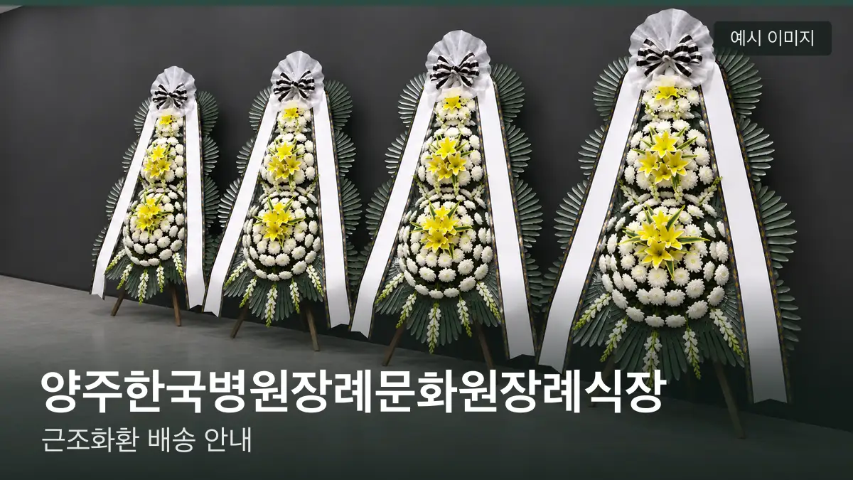양주한국병원장례문화원장례식장 근조화환 예시 이미지 — 흰 국화 3단 근조화환이 벽을 따라 나란히 놓인 모습