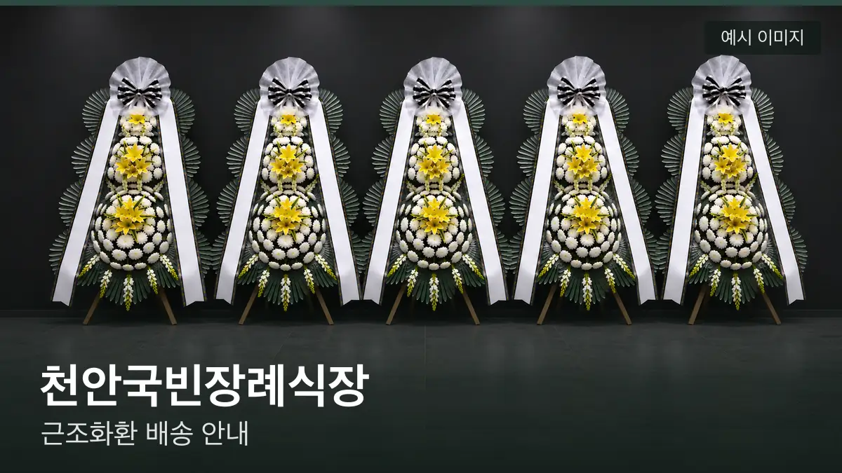 천안국빈장례식장 근조화환 예시 이미지 — 흰 국화 3단 근조화환이 벽을 따라 나란히 놓인 모습