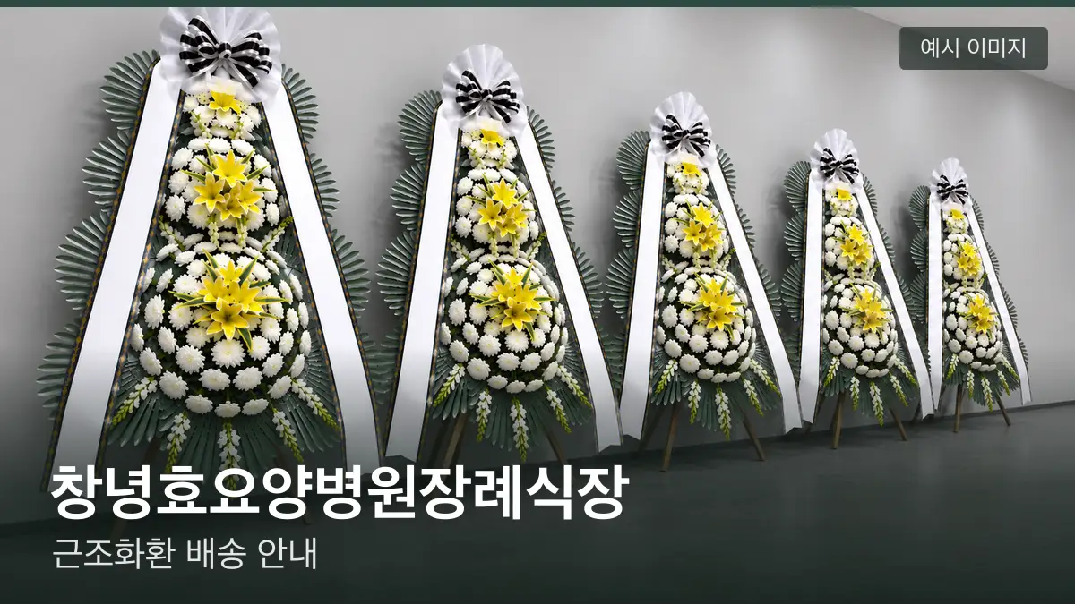 창녕효요양병원장례식장 근조화환 예시 이미지 — 흰 국화 3단 근조화환이 벽을 따라 나란히 놓인 모습