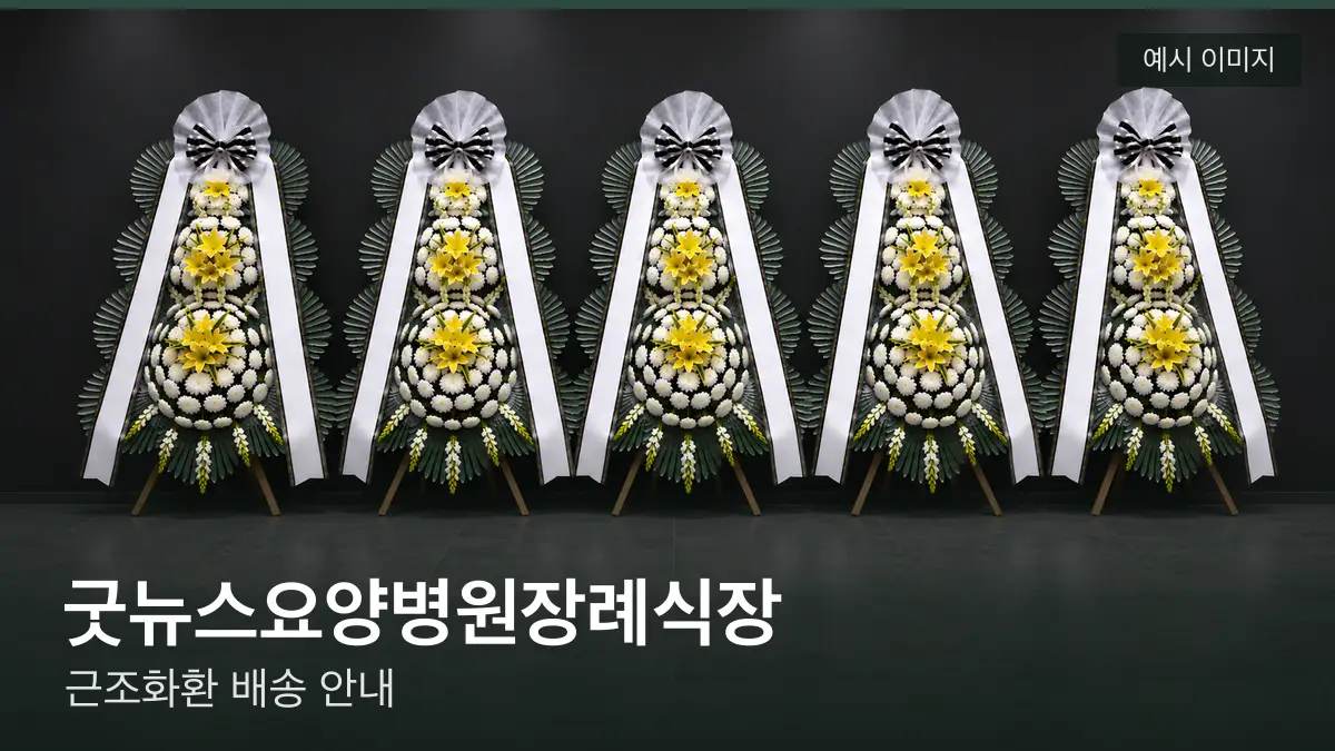 굿뉴스요양병원장례식장 근조화환 예시 이미지 — 흰 국화 3단 근조화환이 벽을 따라 나란히 놓인 모습