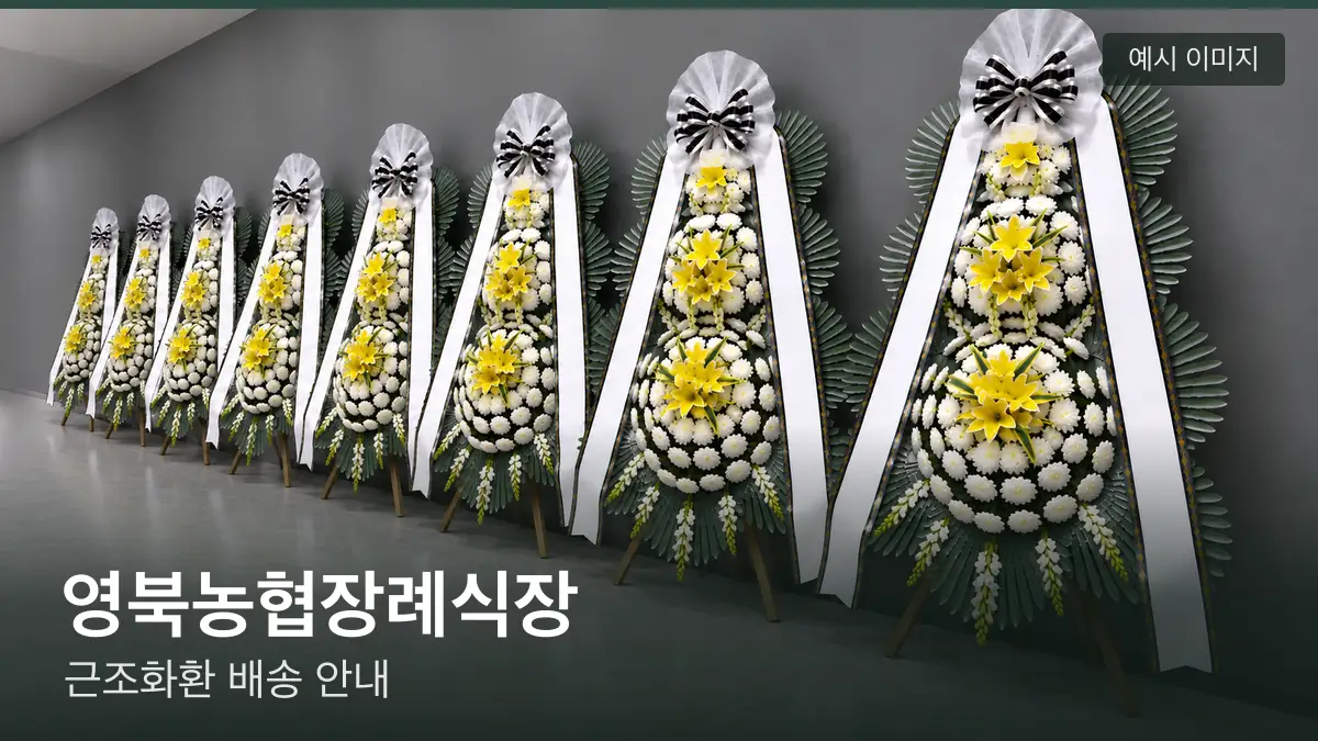 영북농협장례식장 근조화환 예시 이미지 — 흰 국화 3단 근조화환이 벽을 따라 나란히 놓인 모습