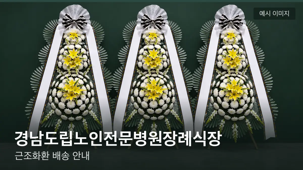 경남도립노인전문병원장례식장 근조화환 예시 이미지 — 흰 국화 3단 근조화환이 벽을 따라 나란히 놓인 모습