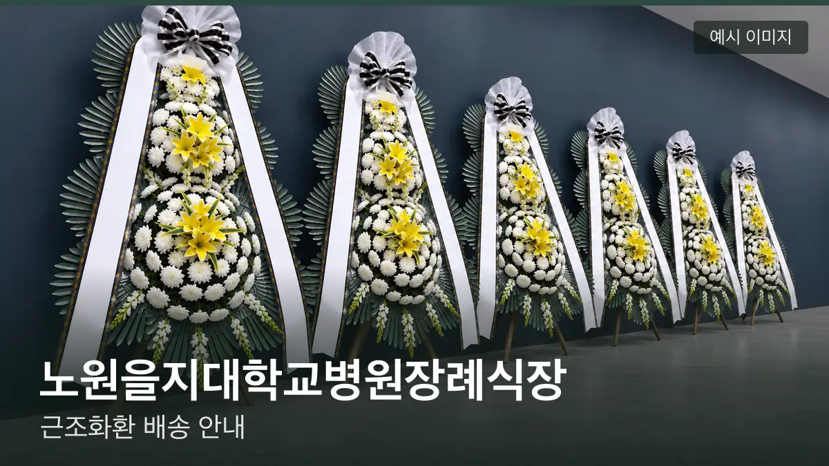 노원을지대학교병원장례식장 근조화환 예시 이미지 — 흰 국화 3단 근조화환이 벽을 따라 나란히 놓인 모습