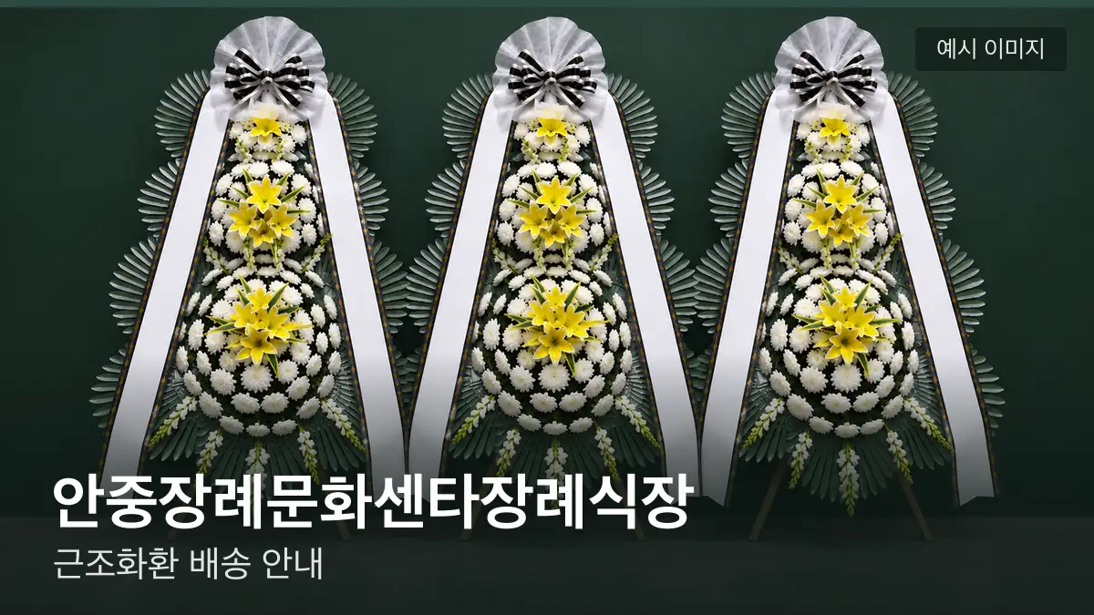 안중장례문화센타장례식장 근조화환 예시 이미지 — 흰 국화 3단 근조화환이 벽을 따라 나란히 놓인 모습