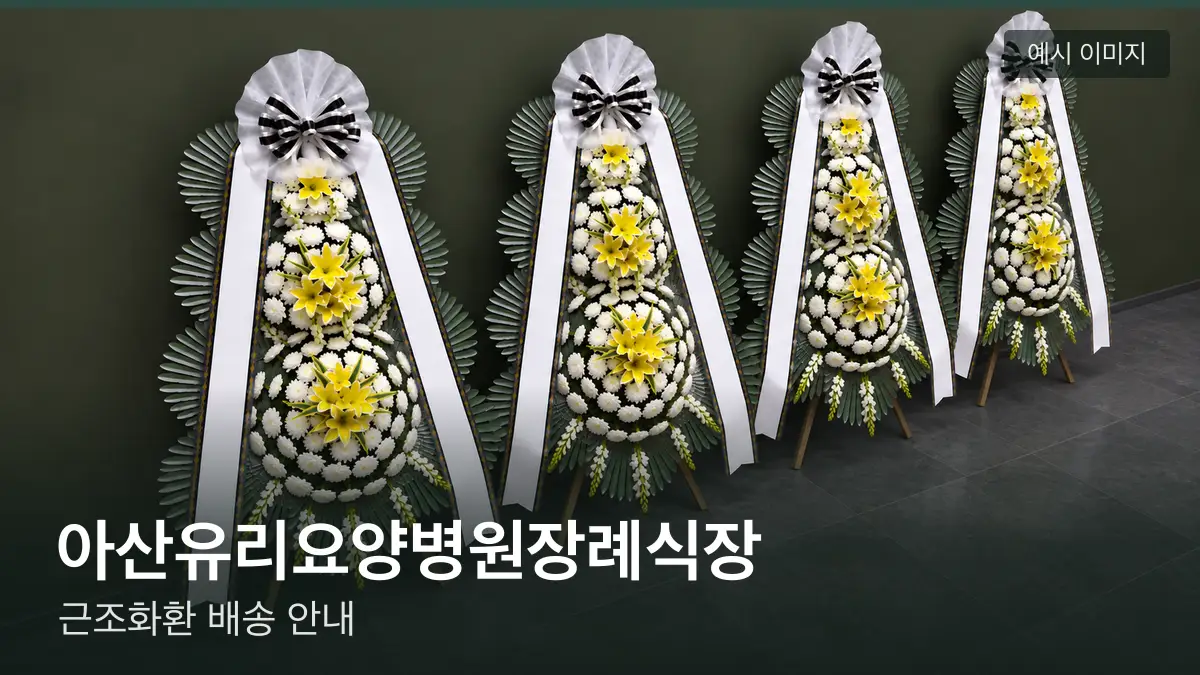 아산유리요양병원장례식장 근조화환 예시 이미지 — 흰 국화 3단 근조화환이 벽을 따라 나란히 놓인 모습