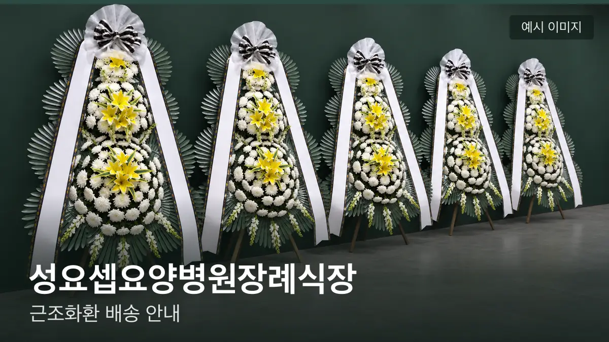 성요셉요양병원장례식장 근조화환 예시 이미지 — 흰 국화 3단 근조화환이 벽을 따라 나란히 놓인 모습