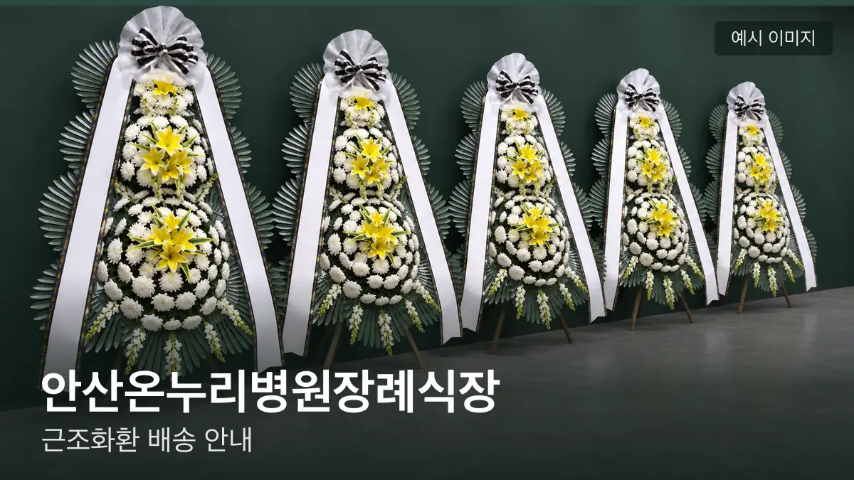 안산온누리병원장례식장 근조화환 예시 이미지 — 흰 국화 3단 근조화환이 벽을 따라 나란히 놓인 모습