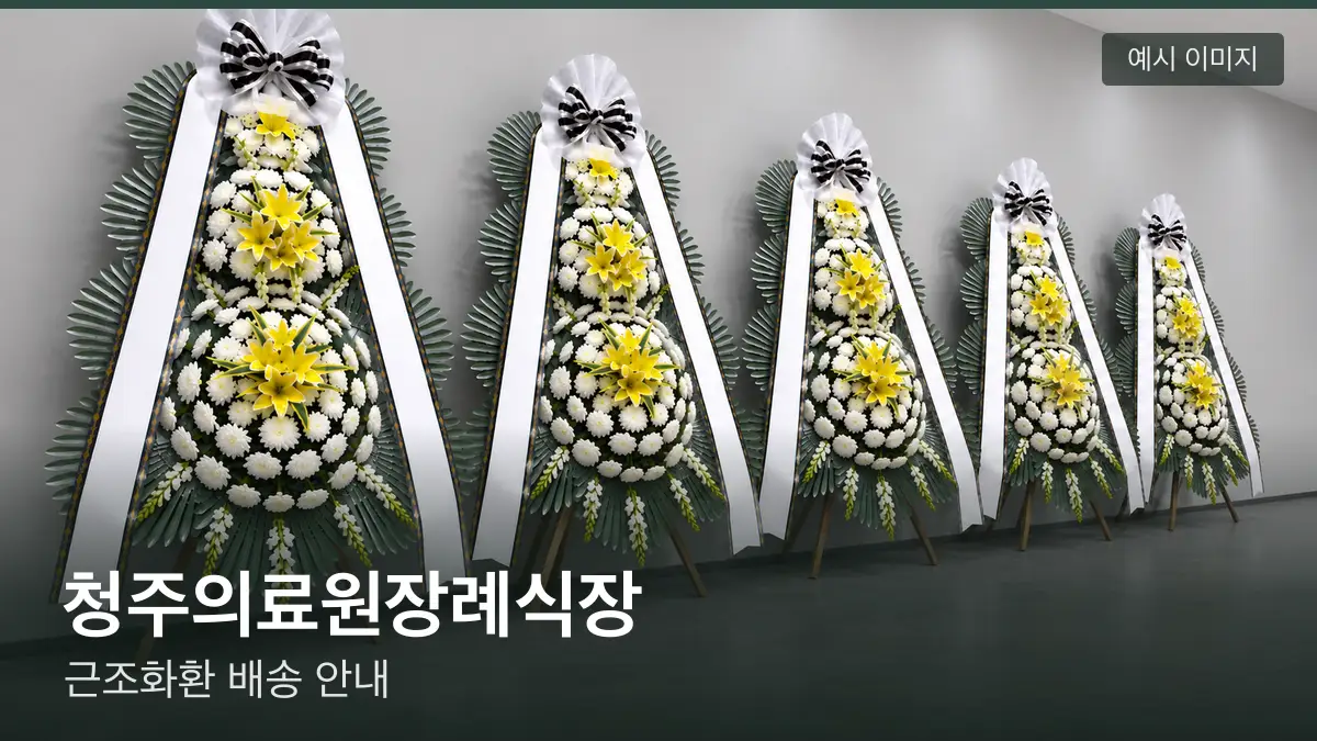 청주의료원장례식장 근조화환 예시 이미지 — 흰 국화 3단 근조화환이 벽을 따라 나란히 놓인 모습