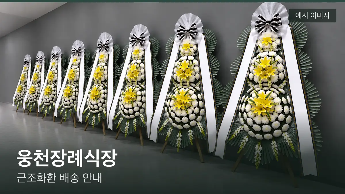 웅천장례식장 근조화환 예시 이미지 — 흰 국화 3단 근조화환이 벽을 따라 나란히 놓인 모습