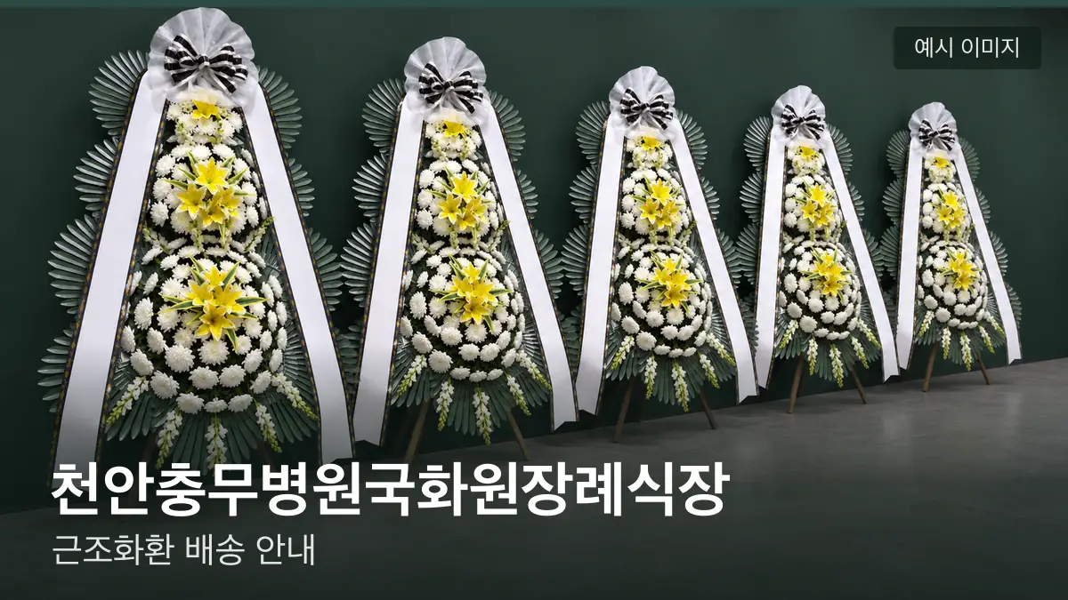 천안충무병원국화원장례식장 근조화환 예시 이미지 — 흰 국화 3단 근조화환이 벽을 따라 나란히 놓인 모습