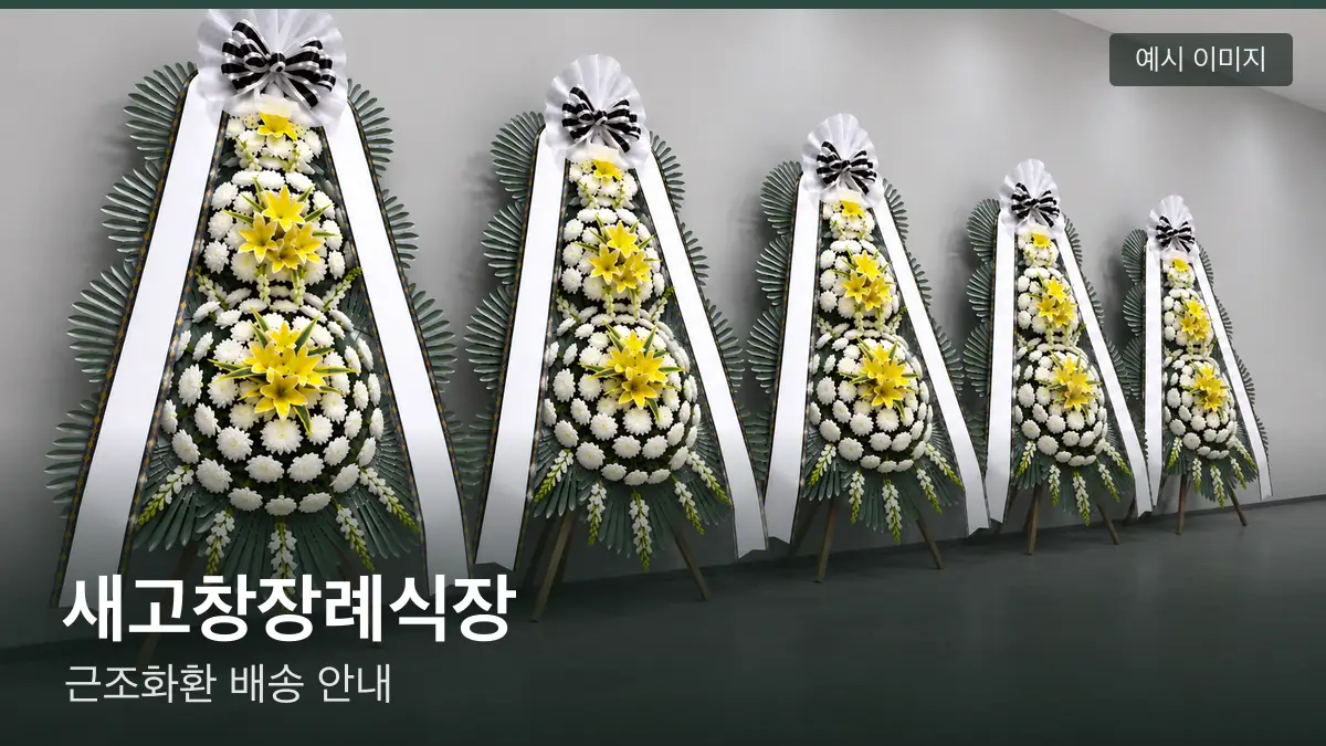 새고창장례식장 근조화환 예시 이미지 — 흰 국화 3단 근조화환이 벽을 따라 나란히 놓인 모습