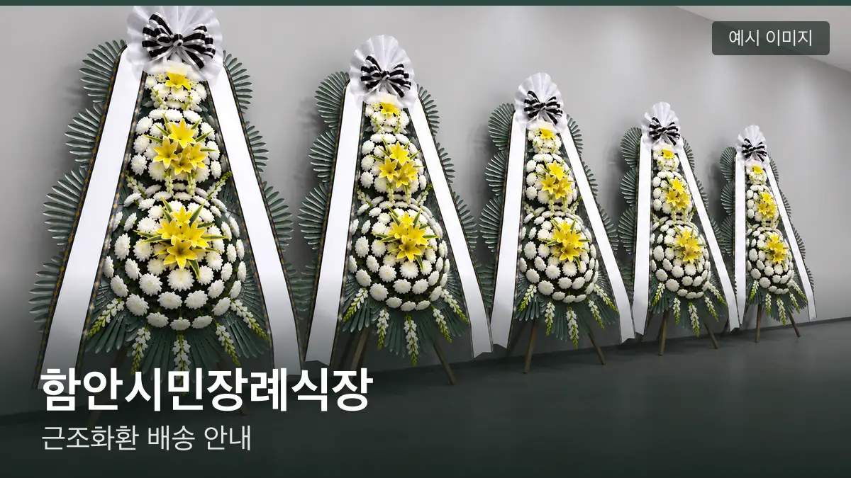 함안시민장례식장 근조화환 예시 이미지 — 흰 국화 3단 근조화환이 벽을 따라 나란히 놓인 모습
