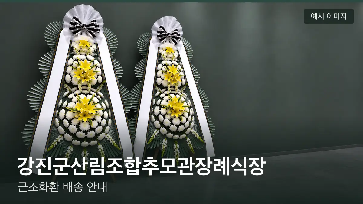 강진군산림조합추모관장례식장 근조화환 예시 이미지 — 흰 국화 3단 근조화환이 벽을 따라 나란히 놓인 모습
