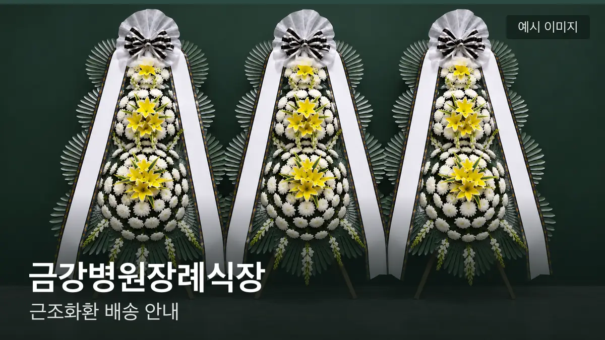 금강병원장례식장 근조화환 예시 이미지 — 흰 국화 3단 근조화환이 벽을 따라 나란히 놓인 모습