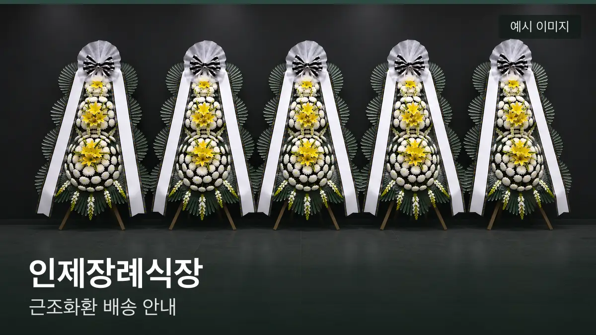 인제장례식장 근조화환 예시 이미지 — 흰 국화 3단 근조화환이 벽을 따라 나란히 놓인 모습