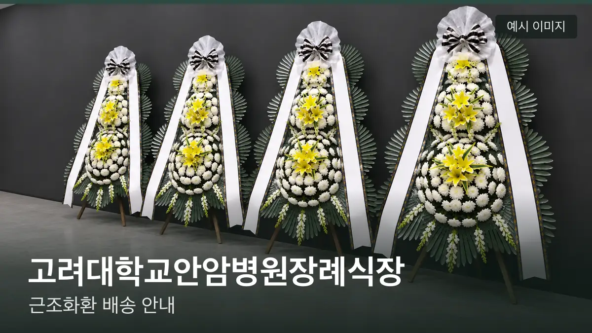 고려대학교안암병원장례식장 근조화환 예시 이미지 — 흰 국화 3단 근조화환이 벽을 따라 나란히 놓인 모습