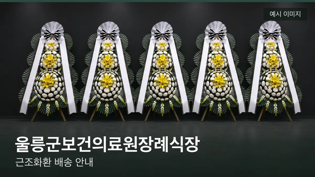 울릉군보건의료원장례식장 근조화환 예시 이미지 — 흰 국화 3단 근조화환이 벽을 따라 나란히 놓인 모습