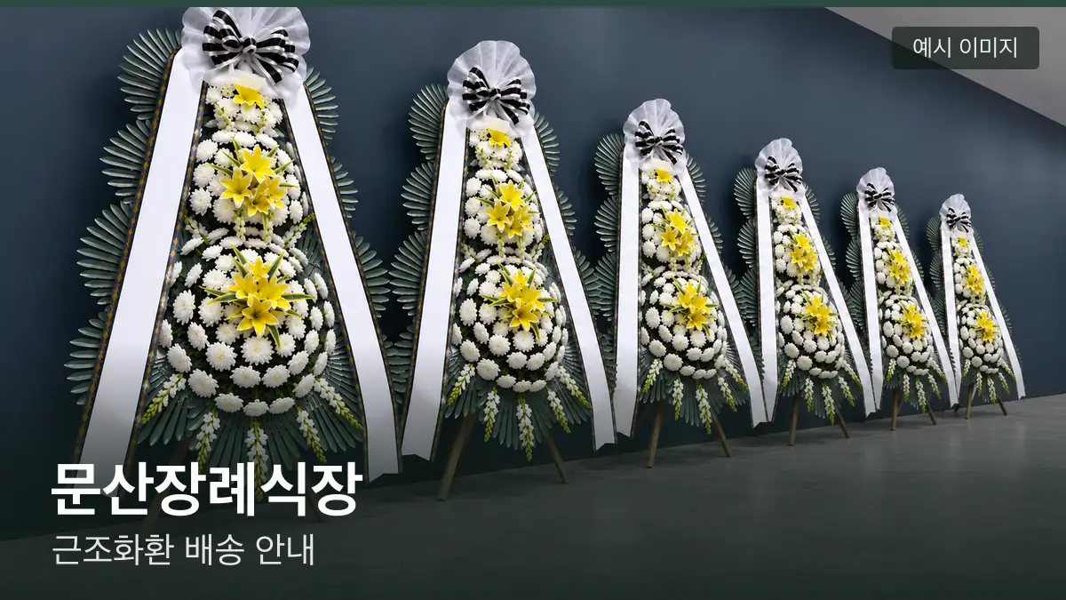 문산장례식장 근조화환 예시 이미지 — 흰 국화 3단 근조화환이 벽을 따라 나란히 놓인 모습